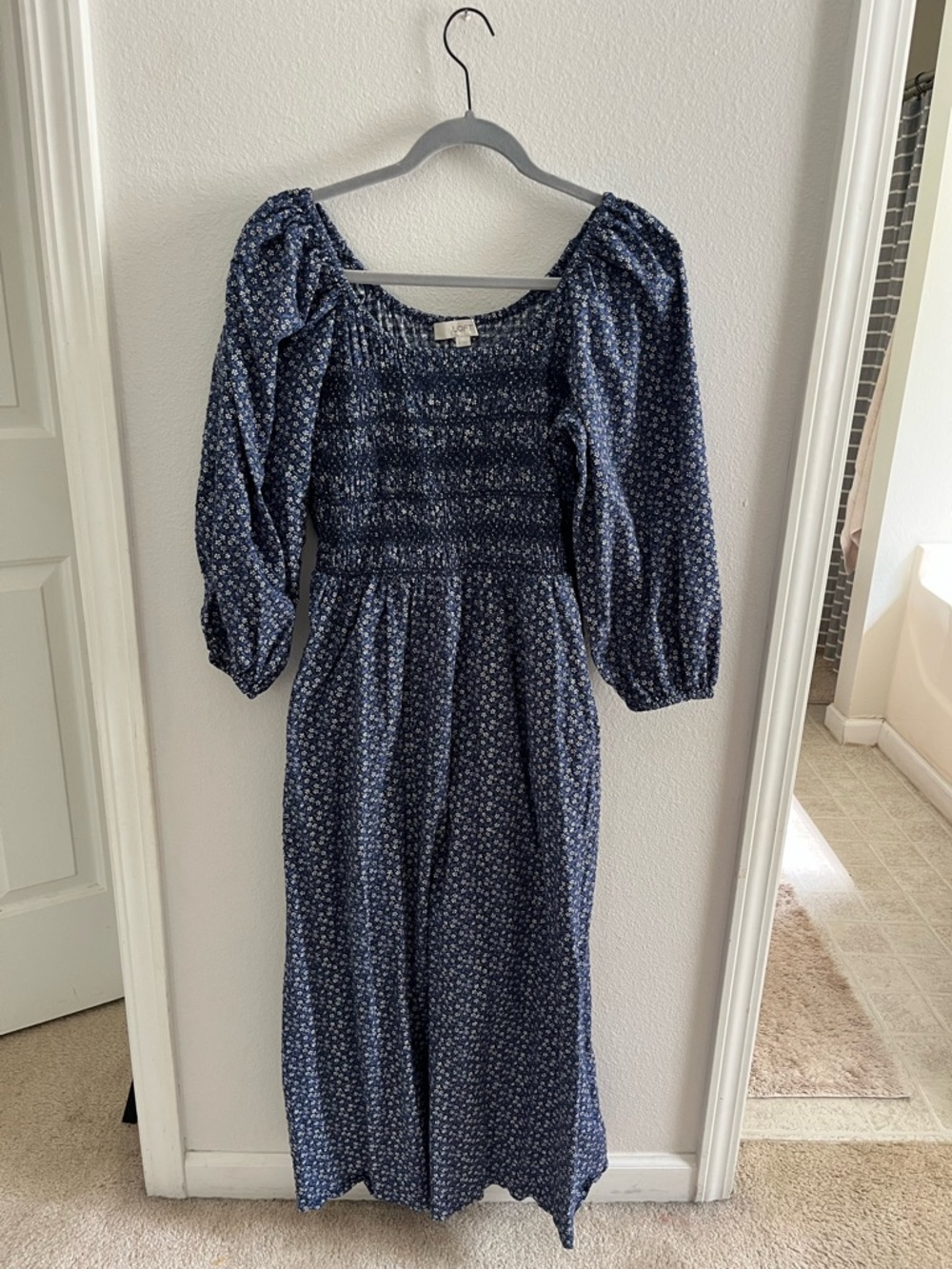 LOFT Navy Blue Printed Puff Sleeve Midi Dress